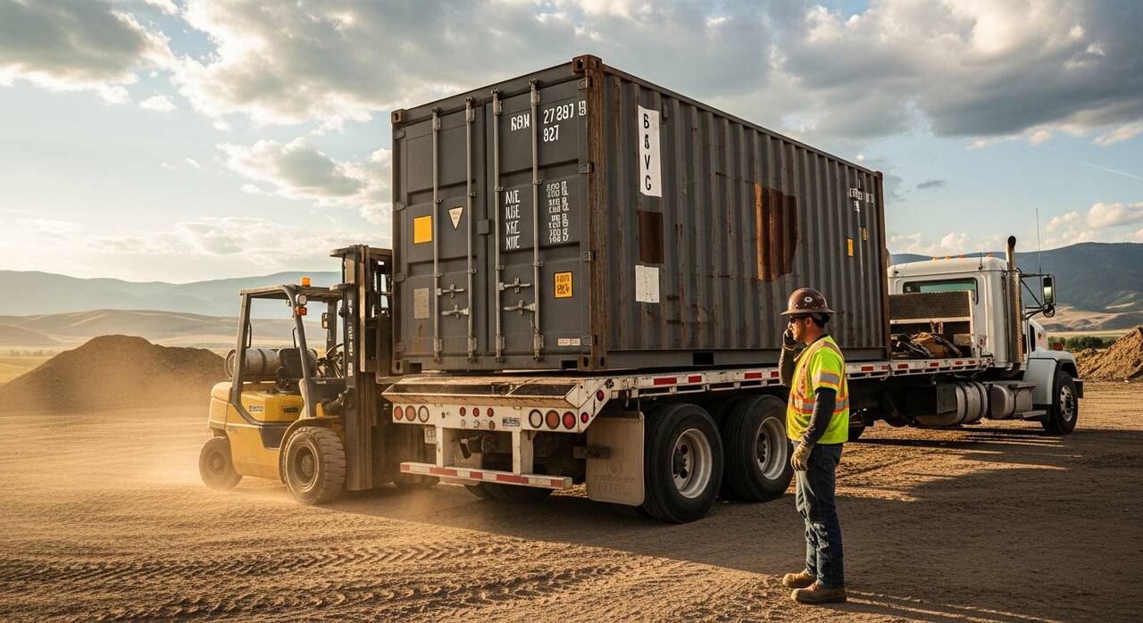 Steel shipping container being delivered to a Montana construction jobsite for secure tool and material storage