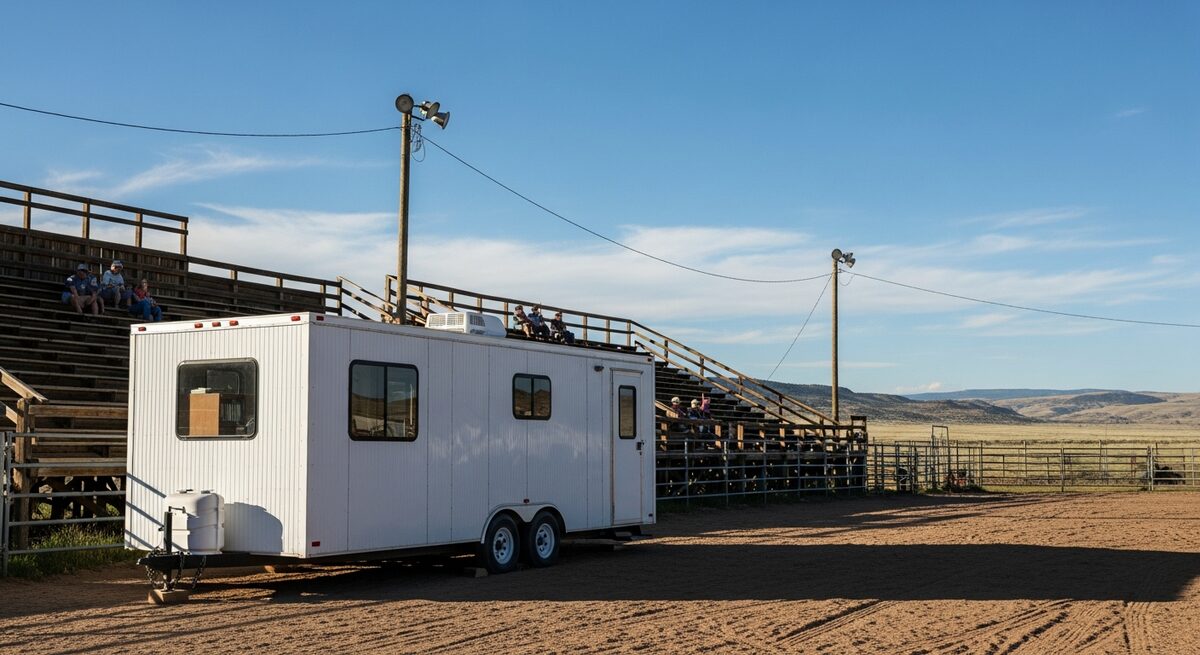 Mobile office trailer positioned on-site at a Montana outdoor event or festival as an event command center