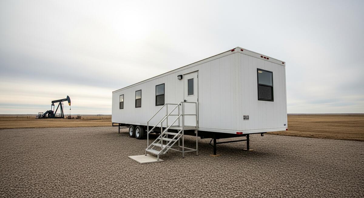Mobile office trailer deployed at a remote oilfield well pad in Montana or North Dakota for supervisor use