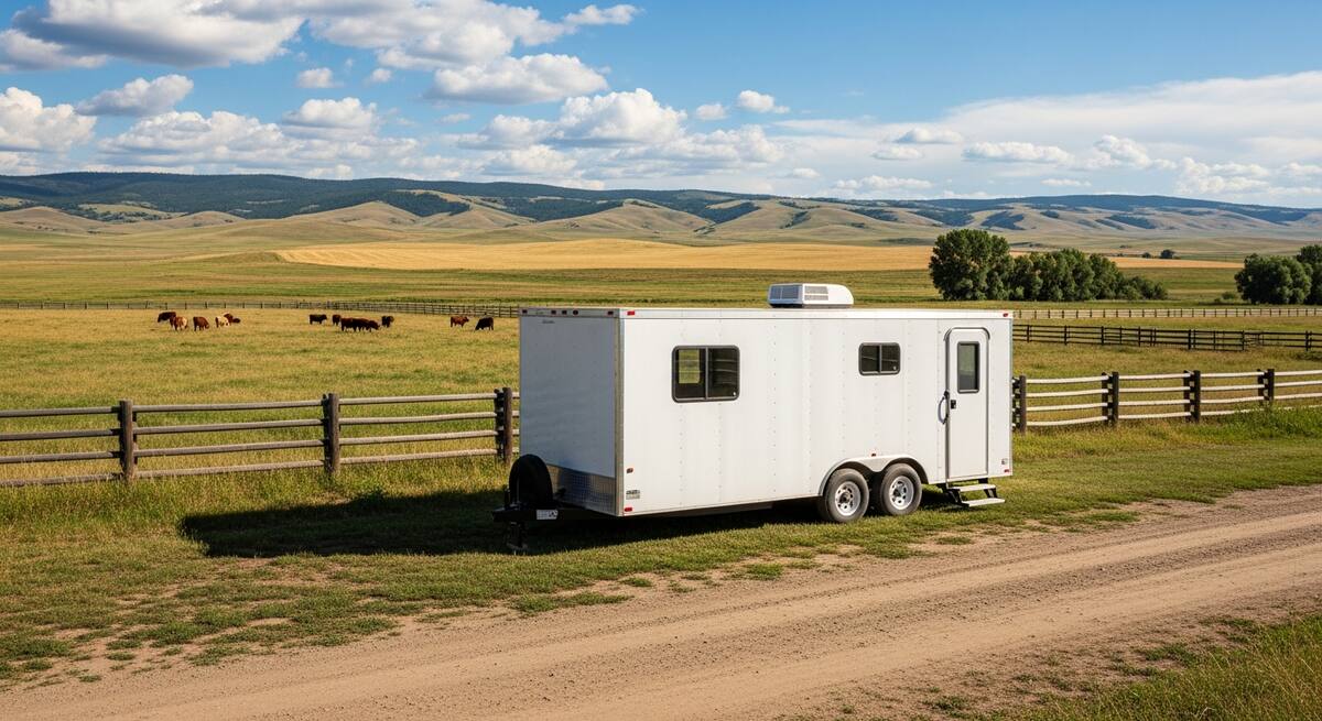 Mobile office trailer placed on a Montana ranch property for use as an on-site agricultural operations office