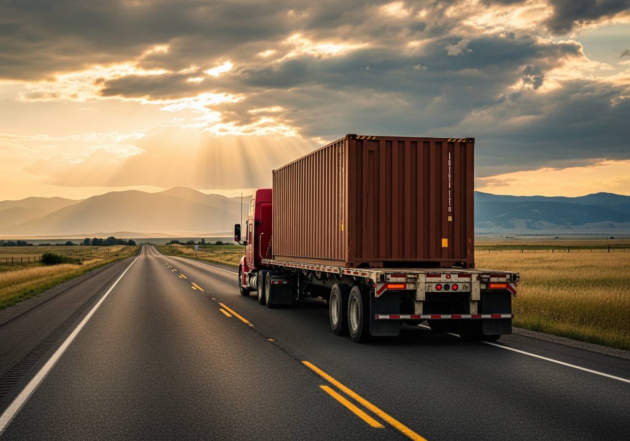 Mobile-Stor delivery truck hauling a shipping container across Montana's open highways for a customer relocation