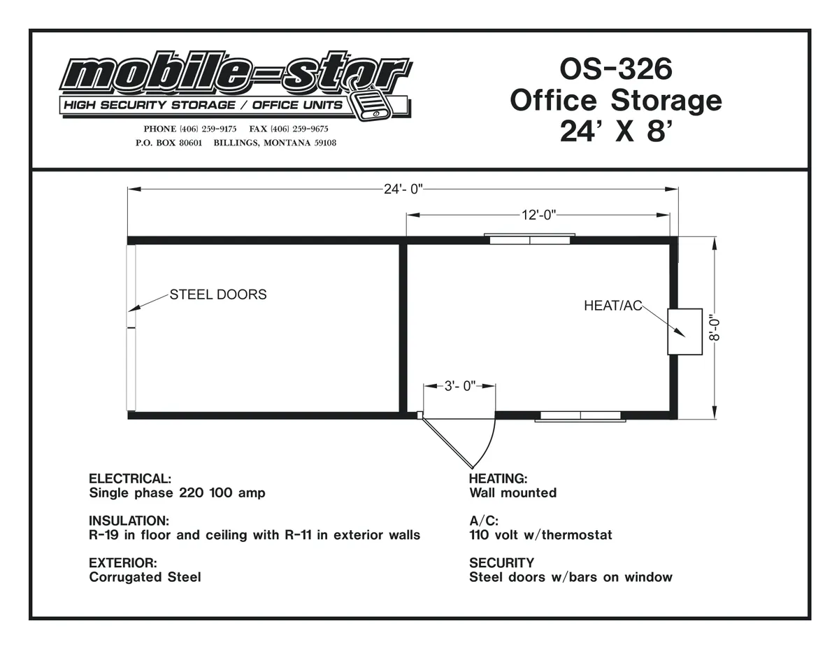 OS-326 8′ × 24′ office and storage combo floor plan with 12′ office / 12′ storage