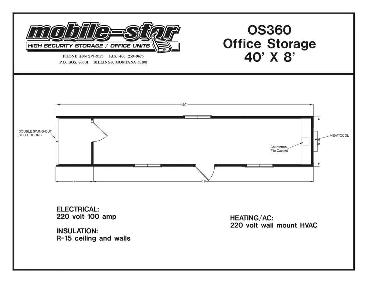 OS-360 8′ × 40′ office and storage combo floor plan with 32′ office / 8′ storage