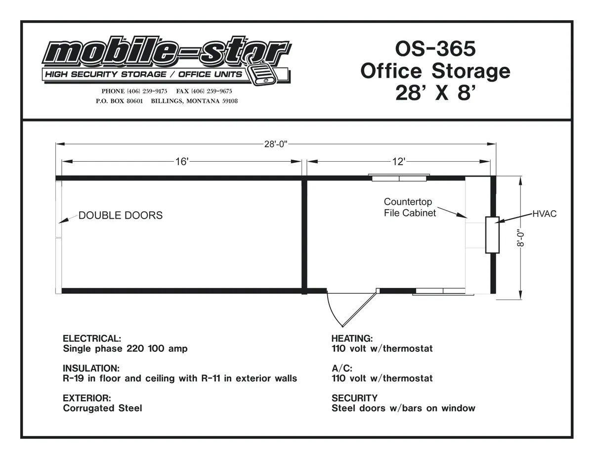 OS-365 8′ × 28′ office and storage combo floor plan with 12′ office / 16′ storage
