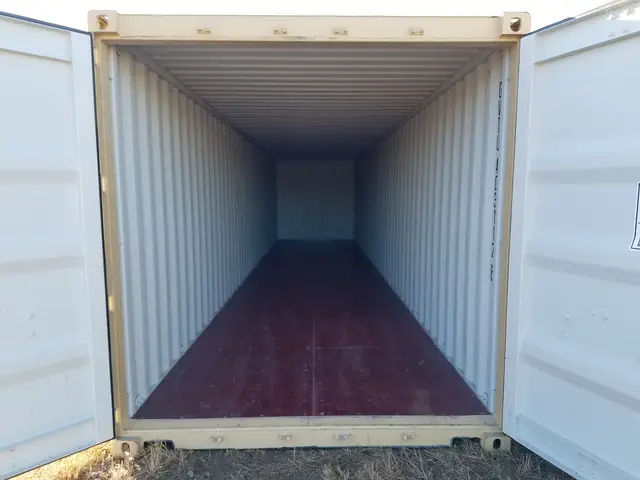 Clean shipping container interior with open cargo doors and plywood floor