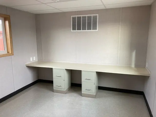 Finished mobile office workstation with long desk and two filing pedestals