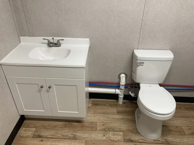 Finished container restroom with vanity, sink, toilet, and wood-look floor