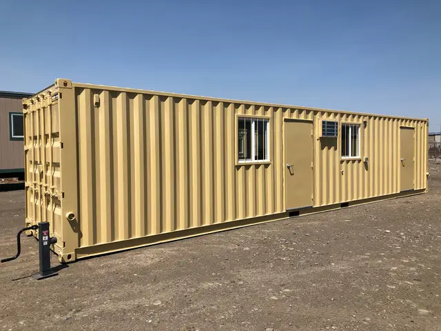 Sand-colored 40-foot combo office with two personnel doors, windows, and wall air conditioner