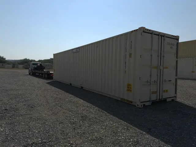 Rear cargo doors of a white 40-foot shipping container