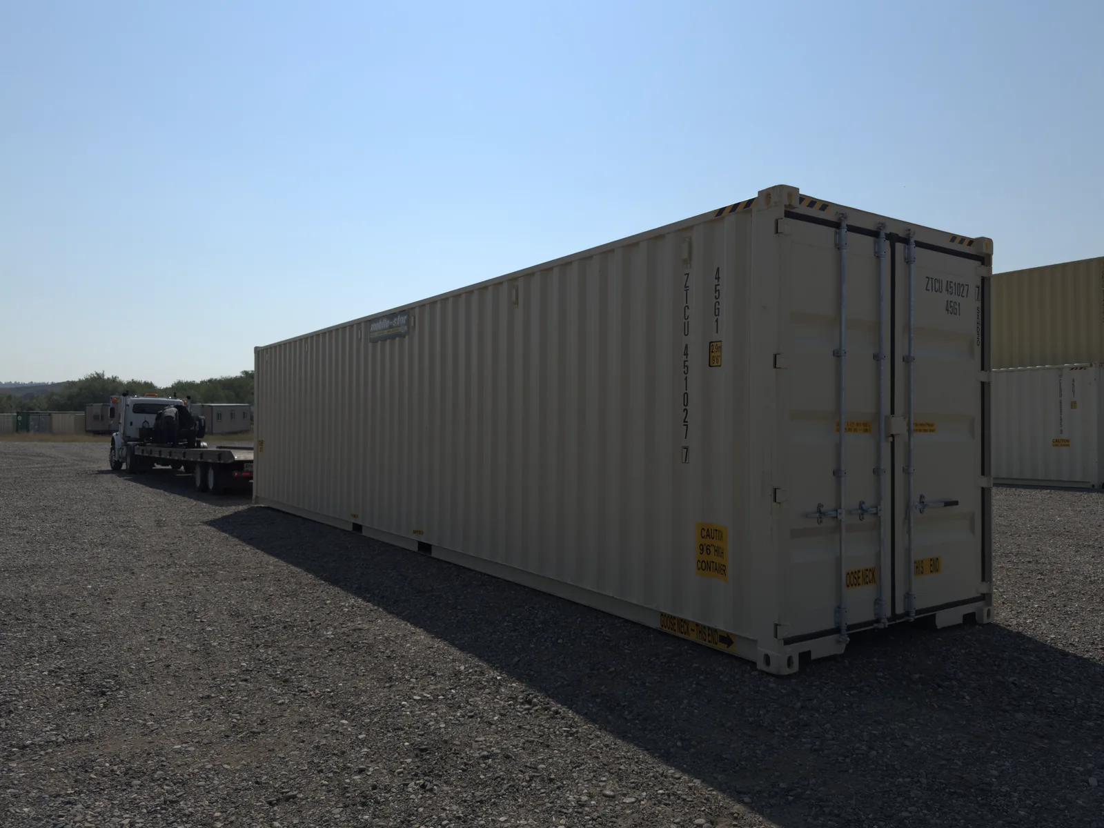 White 40-foot shipping container staged in Mobile-Stor's Billings yard